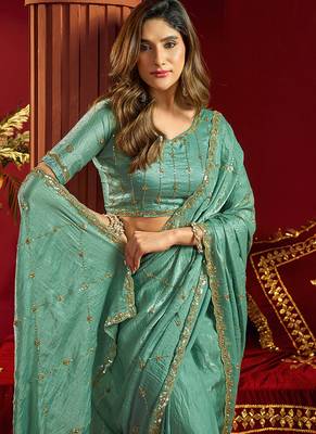Light sky blue velvet heavy embroidery sequence work party wear saree 4