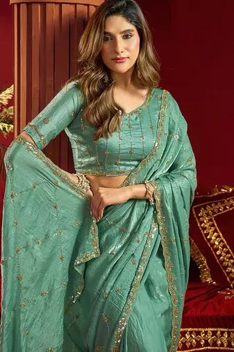 Light sky blue velvet heavy embroidery sequence work party wear saree