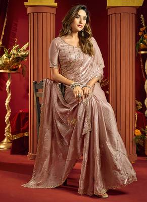 Rose gold velvet heavy embroidery sequence work party wear saree 1
