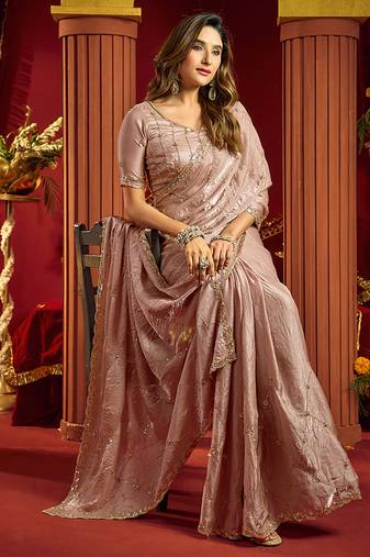 Rose gold velvet heavy embroidery sequence work party wear saree