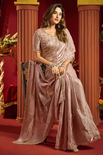 Rose gold velvet heavy embroidery sequence work party wear saree