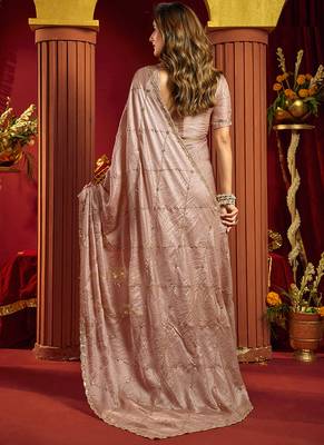 Rose gold velvet heavy embroidery sequence work party wear saree 2