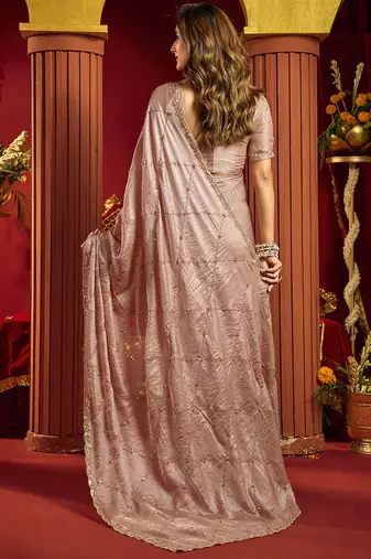 Rose gold velvet heavy embroidery sequence work party wear saree