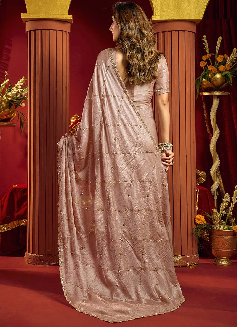 Rose gold velvet heavy embroidery sequence work party wear saree