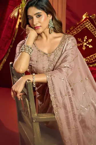 Rose gold velvet heavy embroidery sequence work party wear saree