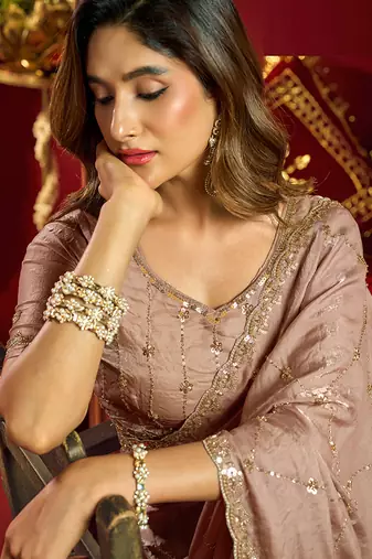 Rose gold velvet heavy embroidery sequence work party wear saree
