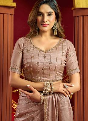 Rose gold velvet heavy embroidery sequence work party wear saree 5