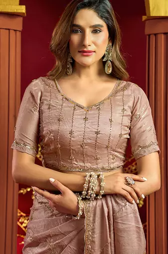 Rose gold velvet heavy embroidery sequence work party wear saree