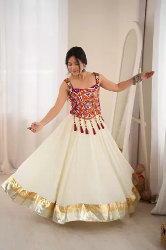 White Multicolour Navratri Lehenga Choli
