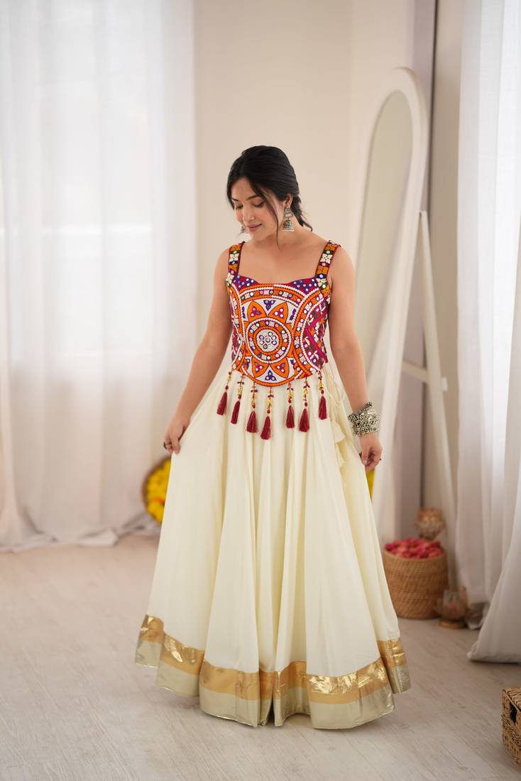 White Multicolour Navratri Lehenga Choli