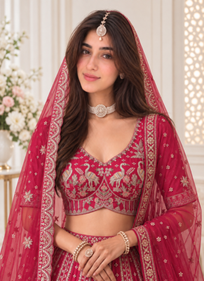 Rani Pink Color Embroidered,Beads,Zari And Sequins Work Silk _Blend Lehnega Choli 2