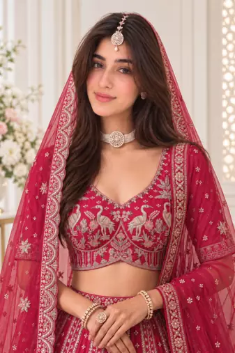 Rani Pink Color Embroidered,Beads,Zari And Sequins Work Silk _Blend Lehnega Choli