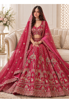 Rani Pink Color Embroidered,Beads,Zari And Sequins Work Silk _Blend Lehnega Choli 3