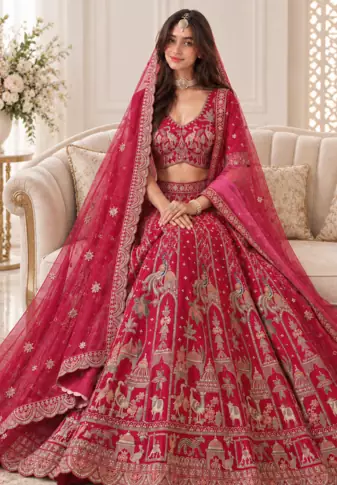 Rani Pink Color Embroidered,Beads,Zari And Sequins Work Silk _Blend Lehnega Choli