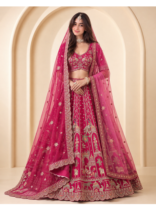 Rani Pink Color Embroidered,Beads,Zari And Sequins Work Silk _Blend Lehnega Choli 1