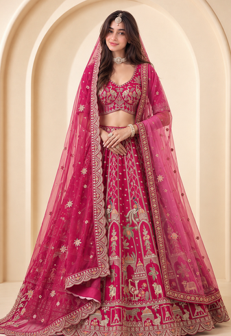 Rani Pink Color Embroidered,Beads,Zari And Sequins Work Silk _Blend Lehnega Choli