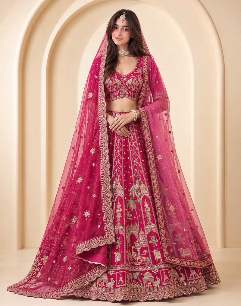 Rani Pink Color Embroidered,Beads,Zari And Sequins Work Silk _Blend Lehnega Choli