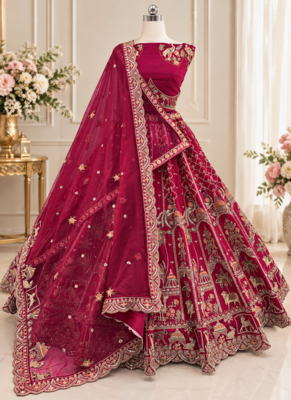 Rani Pink Color Embroidered,Beads,Zari And Sequins Work Silk _Blend Lehnega Choli 4