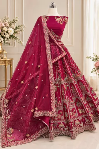 Rani Pink Color Embroidered,Beads,Zari And Sequins Work Silk _Blend Lehnega Choli