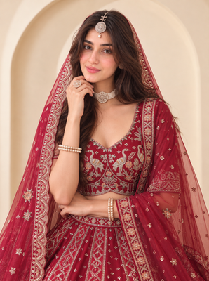 Red Color Embroidered,Beads,Zari And Sequins Work Silk _Blend Lehnega Choli 2