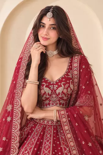 Red Color Embroidered,Beads,Zari And Sequins Work Silk _Blend Lehnega Choli