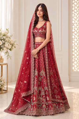 Red Color Embroidered,Beads,Zari And Sequins Work Silk _Blend Lehnega Choli