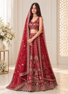 Red Color Embroidered,Beads,Zari And Sequins Work Silk _Blend Lehnega Choli 1