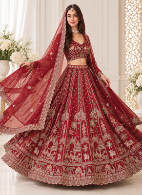 Red Color Embroidered,Beads,Zari And Sequins Work Silk _Blend Lehnega Choli 3