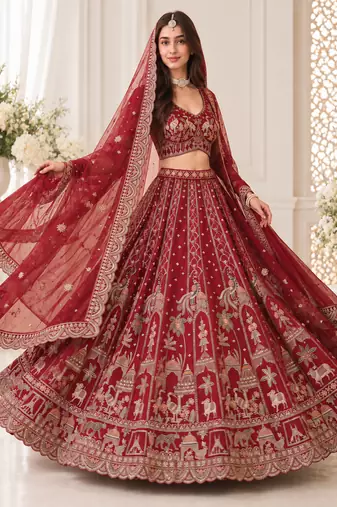 Red Color Embroidered,Beads,Zari And Sequins Work Silk _Blend Lehnega Choli