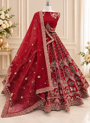 Red Color Embroidered,Beads,Zari And Sequins Work Silk _Blend Lehnega Choli 4