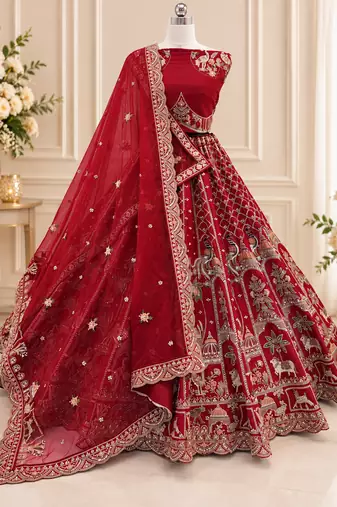 Red Color Embroidered,Beads,Zari And Sequins Work Silk _Blend Lehnega Choli