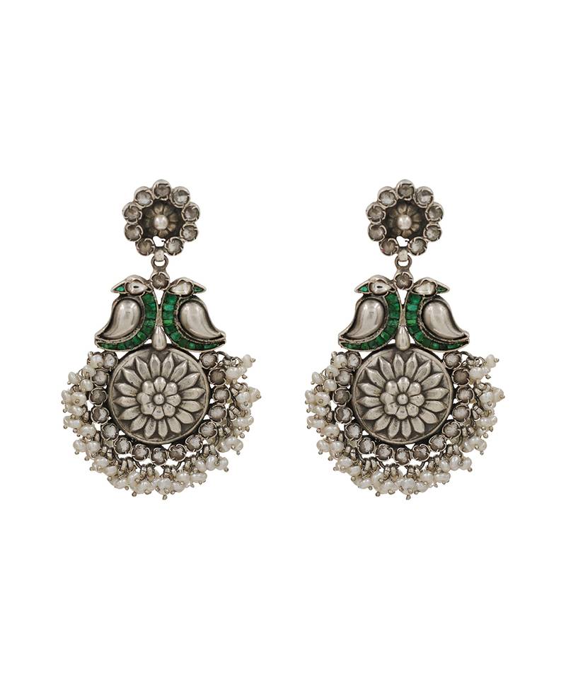 Bird motif oxidised silver earrings