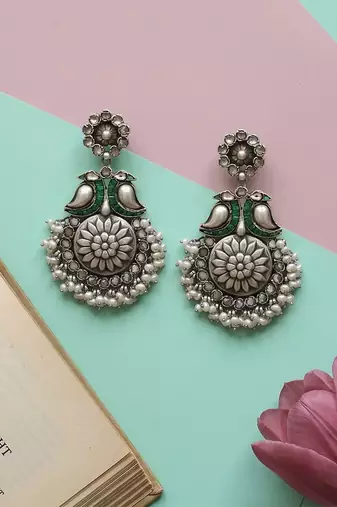 Bird motif oxidised silver earrings