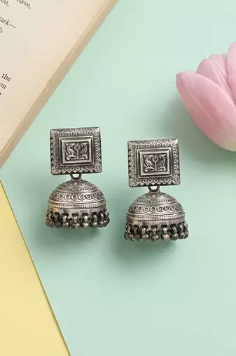 Handcrafted oxidised silver classic jhumka earrings