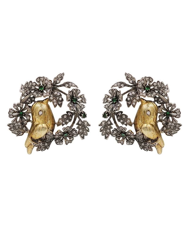 Heritage dual plated bird motif silver earrings