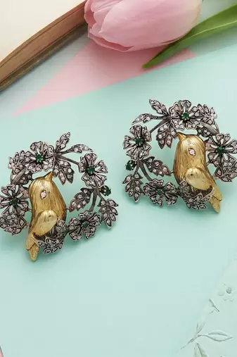 Heritage dual plated bird motif silver earrings
