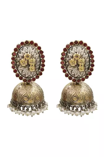 Dual tone silver pearl jhumka earrings