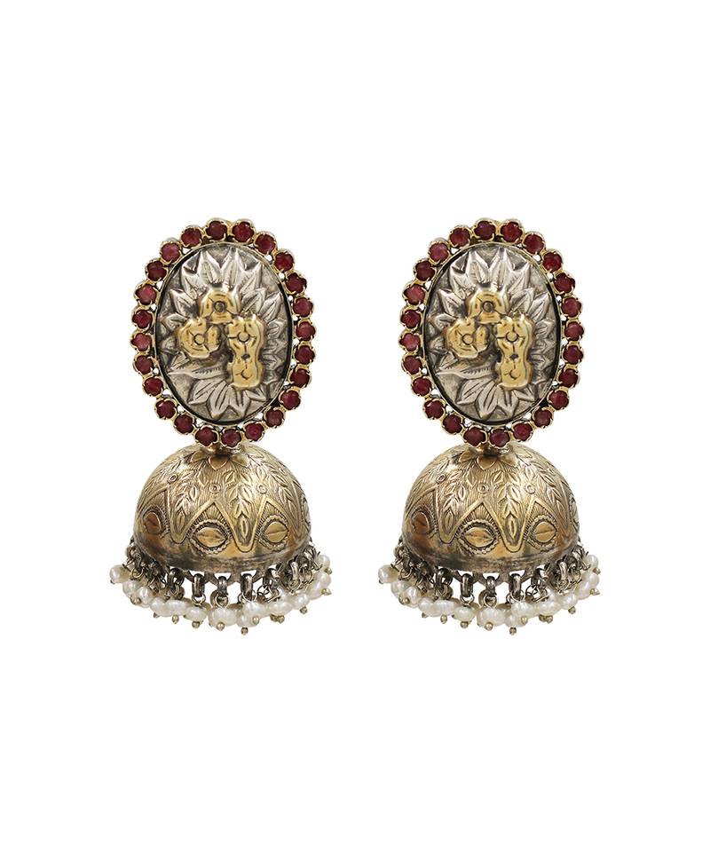 Dual tone silver pearl jhumka earrings