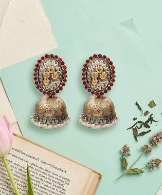 Dual tone silver pearl jhumka earrings 2