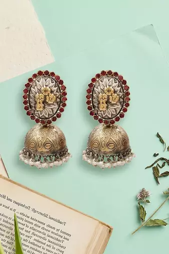 Dual tone silver pearl jhumka earrings