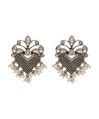 Oxidised silver kundan pearl statement earrings 1