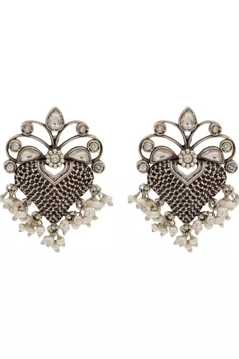 Oxidised silver kundan pearl statement earrings