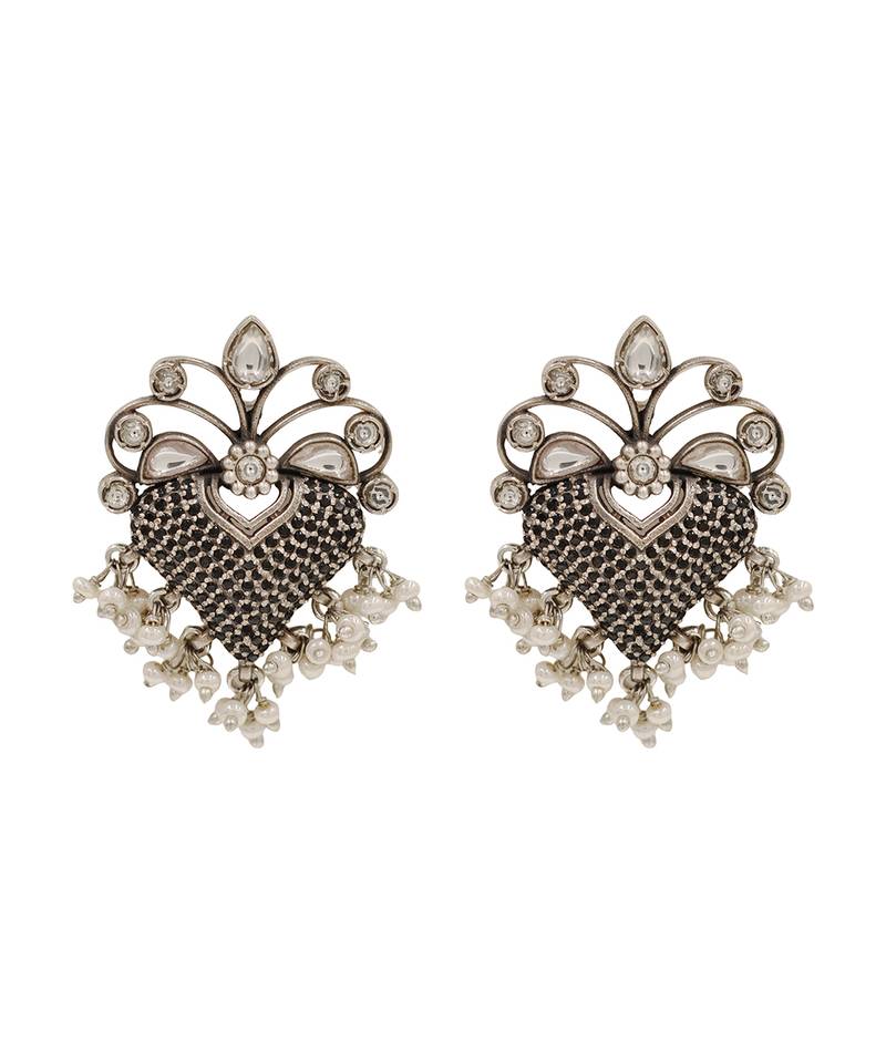 Oxidised silver kundan pearl statement earrings