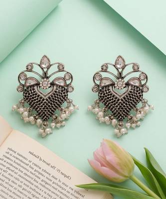 Oxidised silver kundan pearl statement earrings 3