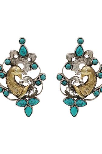 Dual plated peacock motif silver earrings