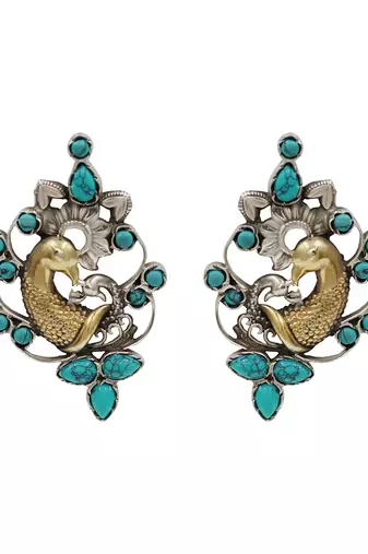 Dual plated peacock motif silver earrings