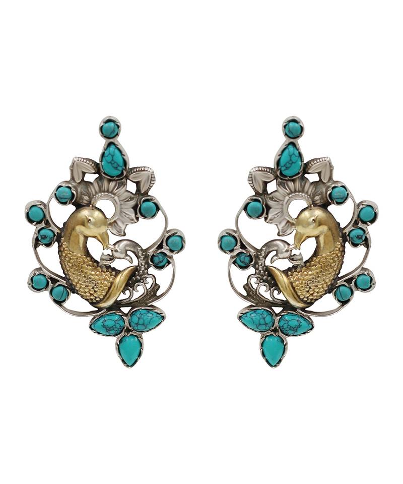 Dual plated peacock motif silver earrings