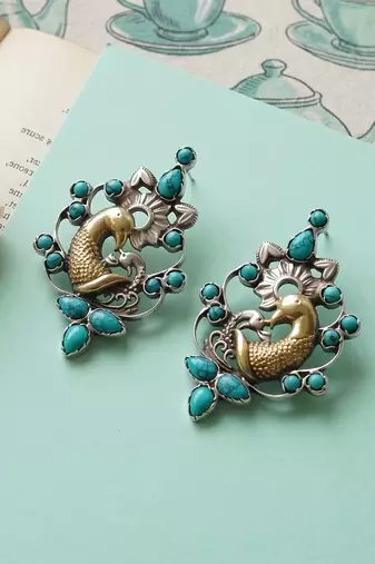 Dual plated peacock motif silver earrings