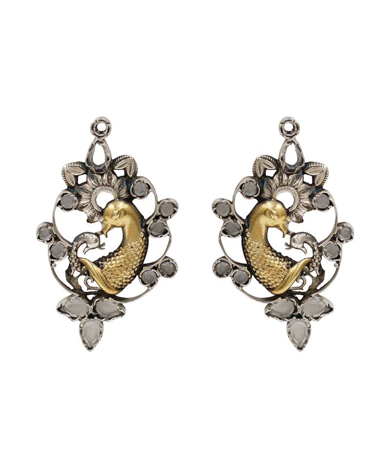 Dual plated peacock motif statement earrings