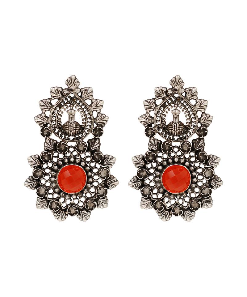 Oxidised peacock motif silver statement earrings